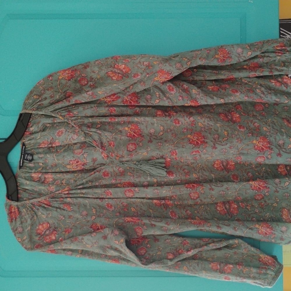 Peasant Gauze Romantic Teal  Floral  Blouse Sz M/LG